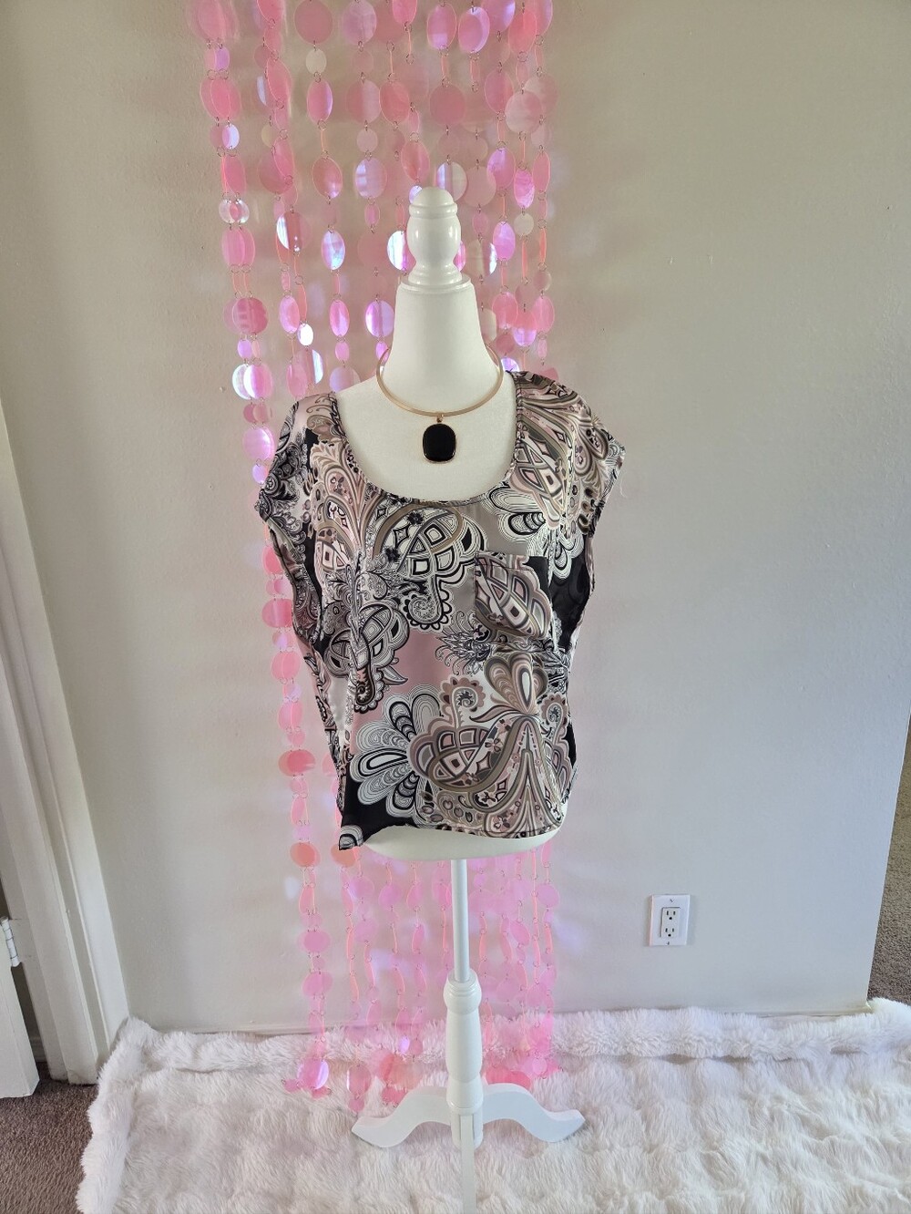living doll Paisley Short Sleeve Blouse in Pink and Black